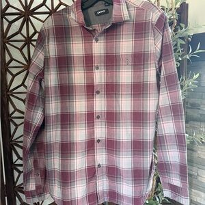 DKNY Men's Burgundy and Light Gray Plaid Button-Down Shirt